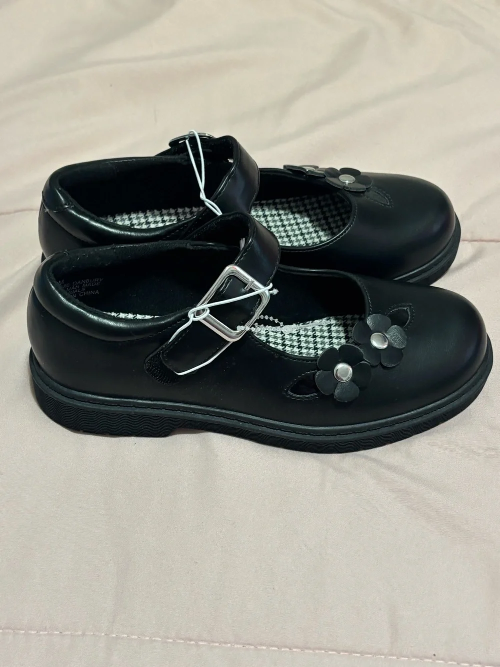 Rachel Black Patent Mary Jane Shoes with Floral Accents